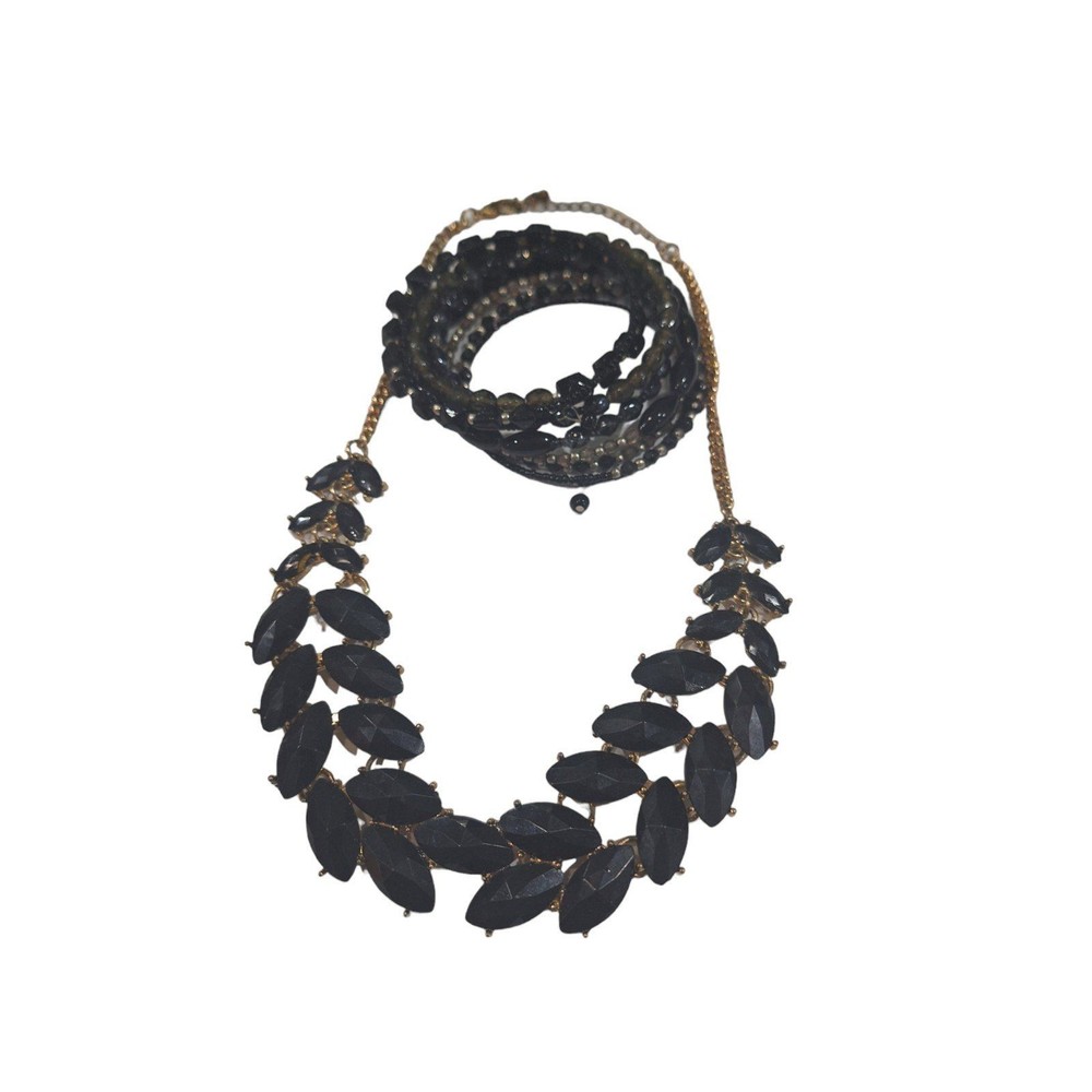 Black Necklace on Goldtone chain + Stretch Wrap Bracelet 71031